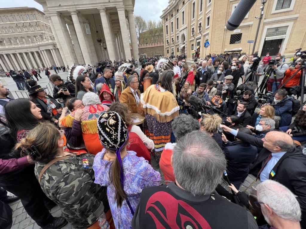 The media surrounds the Indigenous delegations after the apology from the Pope in St. Peter's Square at the Vatican. (Photo: Katsitsionni Fox)