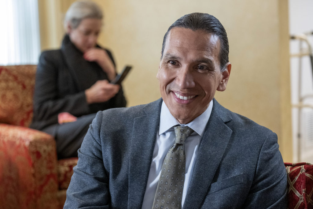 RUTHERFORD FALLS -- "Aunt Sue" Episode 203 -- Pictured: Michael Greyeyes as Terry Thomas -- (Photo by: Ron Batzdorff/Peacock)