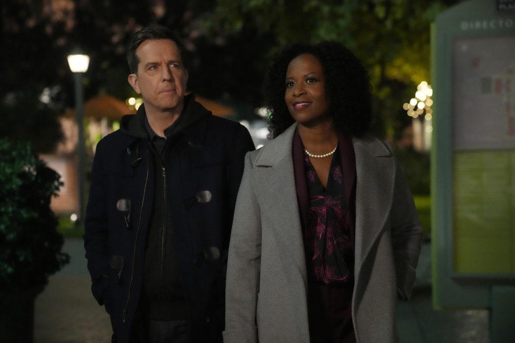 RUTHERFORD FALLS -- "Land Back" Episode 204 -- Pictured: (l-r) Ed Helms as Nathan Rutherford, Dana L. Wilson as Mayor Deirdre -- (Photo by: Greg Gayne/Peacock)