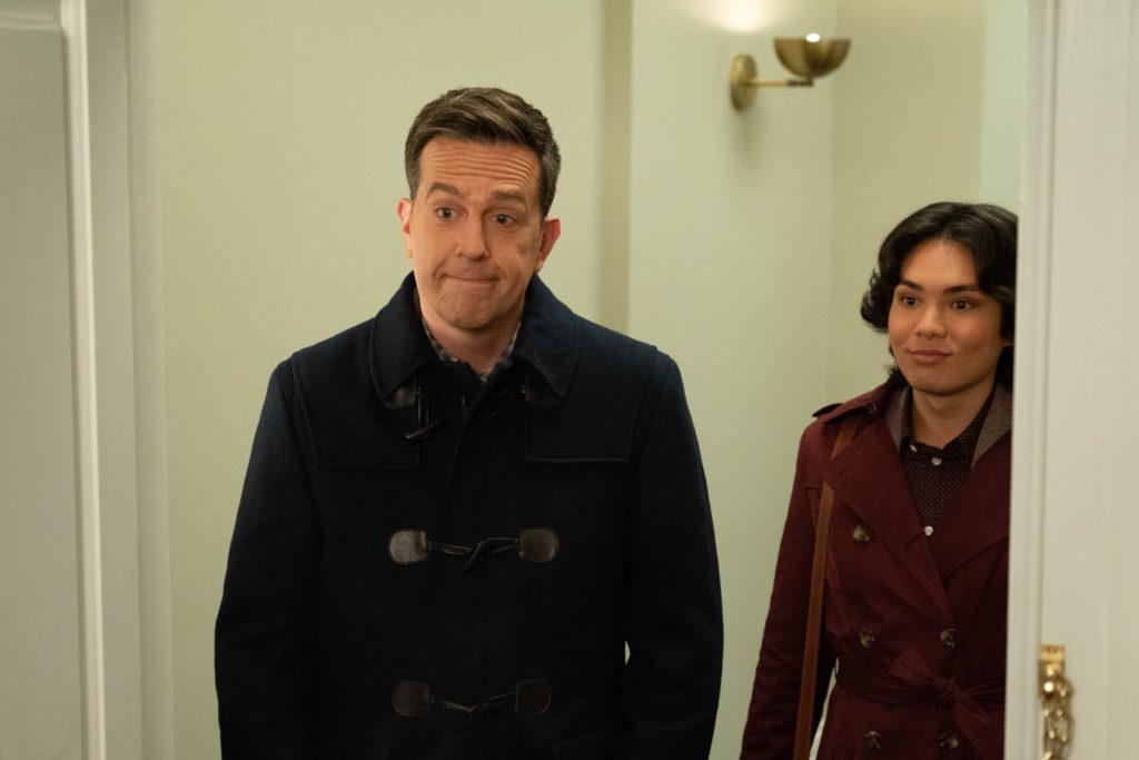 RUTHERFORD FALLS -- "Adirondack" Episode 205 -- Pictured: (l-r) Ed Helms as Nathan Rutherford, Jesse Leigh as Bobbie Yang -- (Photo by: Elizabeth Morris/Peacock)