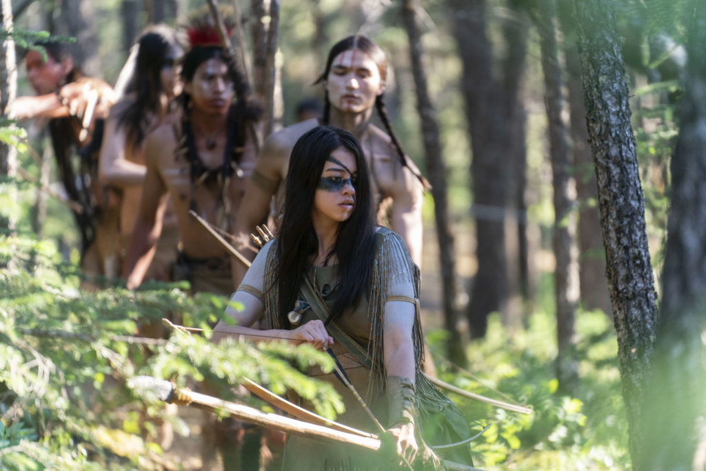 (L-R): Cody Big Tobacco as Ania, Harlan Kywayhat as Itsee, Stormee Kipp as Wasape, Dakota Beavers as Taabe, and Amber Midthunder as Naru in 20th Century Studios' PREY, exclusively on Hulu. Photo courtesy of 20th Century Studios. © 2022 20th Century Studios. All Rights Reserved.