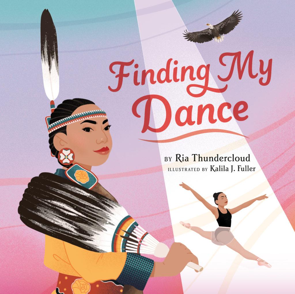 A photo of the book cover, which is pink and blue and has a cartoon photo of a Native woman holding a feather fan and a tall feather in her hair. There is also a photo of a ballet dancer and an eagle. (Courtesy images Penguin Young Readers.)