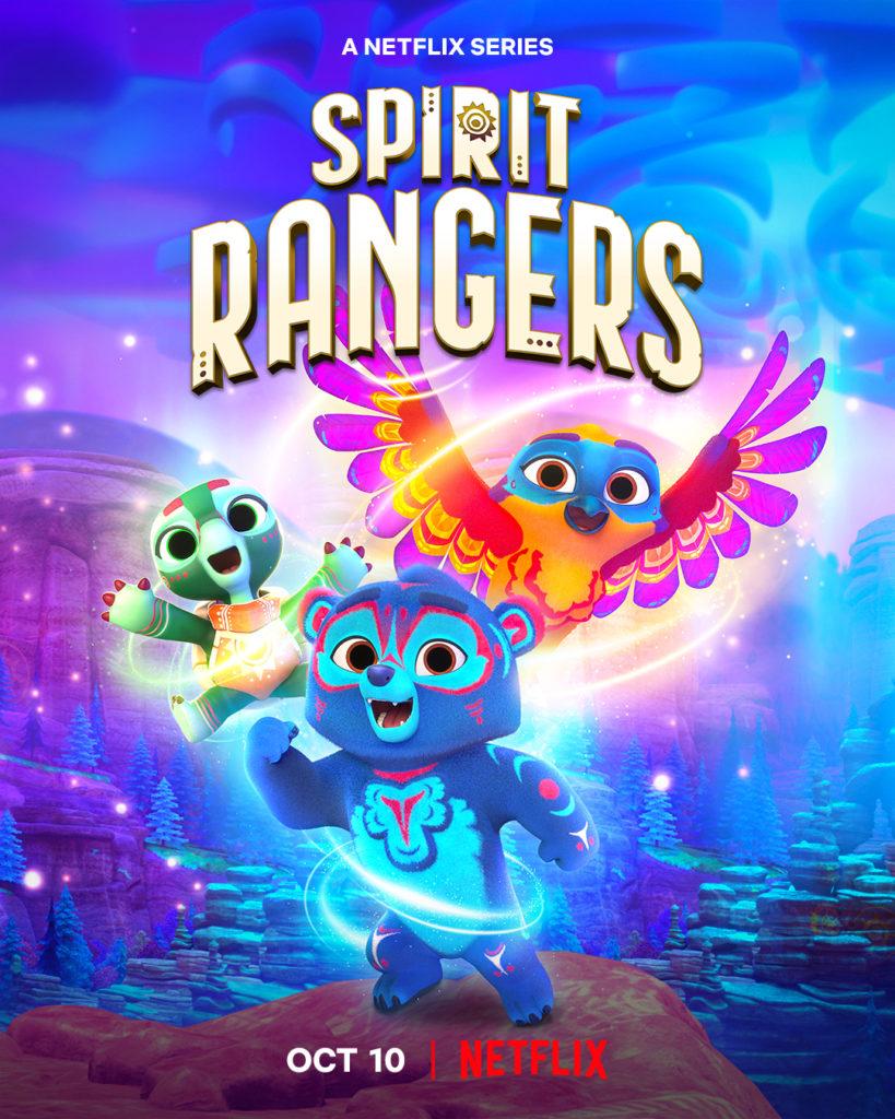 Spirit Rangers poster includes a colorful blue bear, a green turtle and a rainbow colored red tailed hawk.