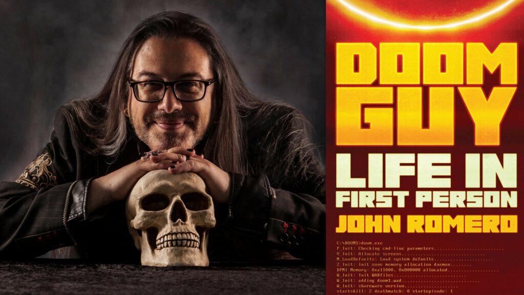 John Romero, an Indigenous man with long black hair and glasses, crosses his hands over a Halloween type skull, posing next to another image of his book. "Doom Guy Life in First Person."