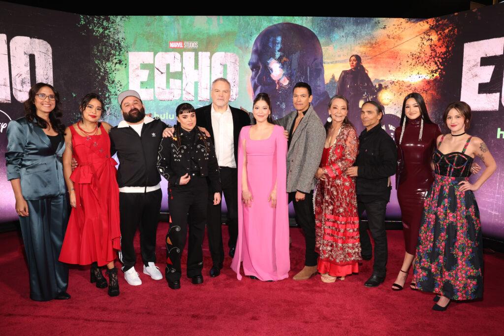 WESTWOOD, CALIFORNIA - JANUARY 08: (L-R) Sydney Freeland, Morningstar Angeline, Cody Lightning, Devery Jacobs, Vincent D'Onofrio, Alaqua Cox, Chaske Spencer, Tantoo Cardinal, Zahn McClarnon, Dannie McCallum and Katarina Ziervogel attend the Echo Launch Event at Regency Village Theatre in Los Angeles, California on January 08, 2024. (Photo by Jesse Grant/Getty Images for Disney)
